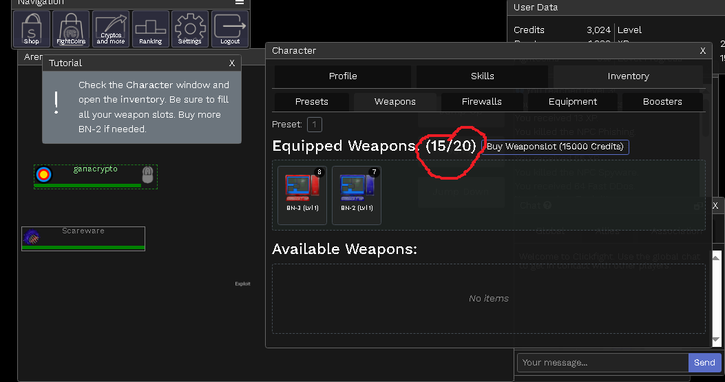 Inventario de armas equipadas en Clickfight